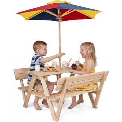 Salon de Jardin pour Enfants COSTWAY - 1 Table de Pique-nique et 2 Bancs - Parasol Amovible en Bois Massif 3-8 Ans - Publicité Salon de Jardin pour Enfants COSTWAY - 1 Table de Pique-nique et 2 Bancs - Parasol Amovible en Bois Massif 3-8 Ans - Publicité