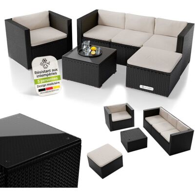 Juskys Salon de jardin Punta Cana L polyrattan noir/crème 4-5 pers canapé fauteuil table pouf Noir - Publicité Juskys Salon de jardin Punta Cana L polyrattan noir/crème 4-5 pers canapé fauteuil table pouf Noir - Publicité