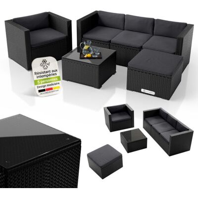 Juskys Salon de jardin Punta Cana L polyrattan noir/gris 4-5 pers canapé fauteuil table pouf Noir - Publicité Juskys Salon de jardin Punta Cana L polyrattan noir/gris 4-5 pers canapé fauteuil table pouf Noir - Publicité