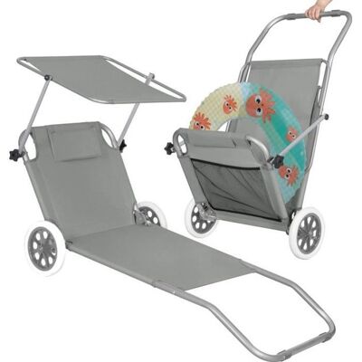 Chaise longue - SPRINGOS - Inclinable - Appui-tête - Roues en caoutchouc - Pare-soleil - Gris Gris - Publicité Chaise longue - SPRINGOS - Inclinable - Appui-tête - Roues en caoutchouc - Pare-soleil - Gris Gris - Publicité