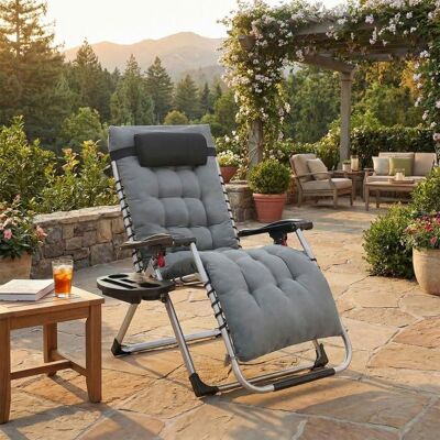 SONGMICS Chaise Longue Pliante avec Coussin Amovible Transat de Jardin en Acier avec Tablette et Pochette Gris Foncé Gris - Publicité SONGMICS Chaise Longue Pliante avec Coussin Amovible Transat de Jardin en Acier avec Tablette et Pochette Gris Foncé Gris - Publicité