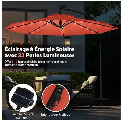 Parasol Déporté Ø3M - GIANTEX - Parasol pour Terrasse - Parasol Inclinable - 32 LED - Rotatif à 360° - Pied en Croix - Orange - Publicité Parasol Déporté Ø3M - GIANTEX - Parasol pour Terrasse - Parasol Inclinable - 32 LED - Rotatif à 360° - Pied en Croix - Orange - Publicité