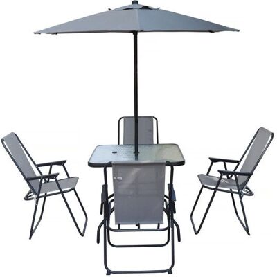 Table et chaises de jardin avec parasol en métal Convivia - 4 places - Gris clair Gris - Publicité Table et chaises de jardin avec parasol en métal Convivia - 4 places - Gris clair Gris - Publicité