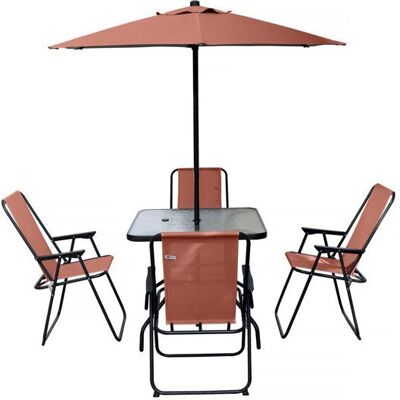 Table et chaises de jardin avec parasol en métal Convivia - 4 places - Terracotta Rouge - Publicité Table et chaises de jardin avec parasol en métal Convivia - 4 places - Terracotta Rouge - Publicité