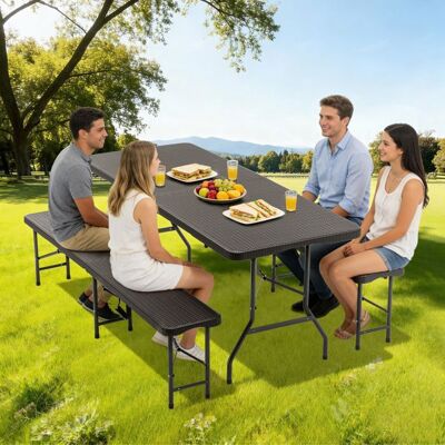WELLTIN Set Pique-Nique Pliable Table + 2 Bancs Salon Jardin Camping HDPE Motif Bois UV Valise Noir Table 180x74x74cm Noir - Publicité WELLTIN Set Pique-Nique Pliable Table + 2 Bancs Salon Jardin Camping HDPE Motif Bois UV Valise Noir Table 180x74x74cm Noir - Publicité