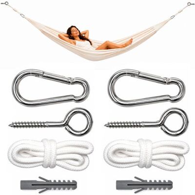 Amanka Kit pour Accrocher votre Hamac Kit complet incl Cordes Mousquetons Vis à Anneau Poids max. supporté 160 kg Blanc - Publicité Amanka Kit pour Accrocher votre Hamac Kit complet incl Cordes Mousquetons Vis à Anneau Poids max. supporté 160 kg Blanc - Publicité