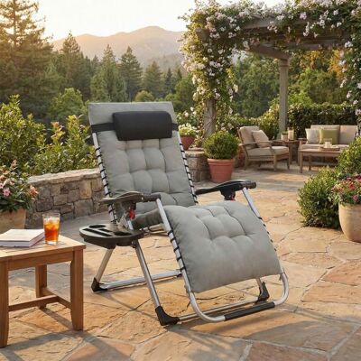 SONGMICS Chaise Longue Pliante avec Coussin Amovible Transat de Jardin en Acier avec Tablette et Pochette Gris Clair Gris - Publicité SONGMICS Chaise Longue Pliante avec Coussin Amovible Transat de Jardin en Acier avec Tablette et Pochette Gris Clair Gris - Publicité