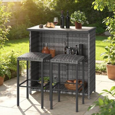BALOVEBY Ensemble table de bar extérieur 3 pièces table et haute 2 tabourets rotin PE acier pour patio balcon cuisine Noir Noir - Publicité BALOVEBY Ensemble table de bar extérieur 3 pièces table et haute 2 tabourets rotin PE acier pour patio balcon cuisine Noir Noir - Publicité