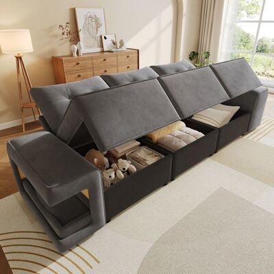 OEM Canapé modulaire 3 places - Gris - Velours doux - 229 5x78x84 cm - Accoudoirs larges - Espace de rangement intégré Gris - Publicité OEM Canapé modulaire 3 places - Gris - Velours doux - 229 5x78x84 cm - Accoudoirs larges - Espace de rangement intégré Gris - Publicité