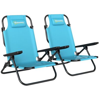 Chaise de plage - Outsunny - lot de 2 pliable à 5 positions avec appui-tête et accoudoirs - polyester - 63x75x80cm - bleu clair Bleu - Publicité Chaise de plage - Outsunny - lot de 2 pliable à 5 positions avec appui-tête et accoudoirs - polyester - 63x75x80cm - bleu clair Bleu - Publicité