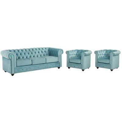 Ensemble Canapé et Fauteuil Chesterfield Velours Bleu Ciel - Publicité Ensemble Canapé et Fauteuil Chesterfield Velours Bleu Ciel - Publicité