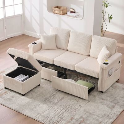 LEMLIT Canapé Modulable 3 Places avec Éclairage LED 2 Tiroirs de Rangement Pouf Stockage et Porte-Gobelets - Velours Côtelé - Beige Beige - Publicité LEMLIT Canapé Modulable 3 Places avec Éclairage LED 2 Tiroirs de Rangement Pouf Stockage et Porte-Gobelets - Velours Côtelé - Beige Beige - Publicité