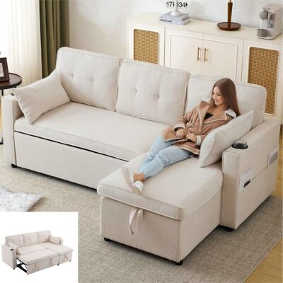 Canapé dangle convertible - LANGTU - Modèle L211 - 3 places réversible - Tissu coton/lin beige - Porte-gobelet & coussins Beige - Publicité Canapé dangle convertible - LANGTU - Modèle L211 - 3 places réversible - Tissu coton/lin beige - Porte-gobelet & coussins Beige - Publicité