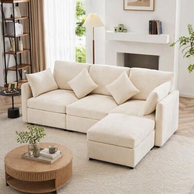 LEMONBEST Canapé dangle en L avec pouf amovible et 4 coussins Canapé 4 places Design modulable Chenille Beige Beige - Publicité LEMONBEST Canapé dangle en L avec pouf amovible et 4 coussins Canapé 4 places Design modulable Chenille Beige Beige - Publicité
