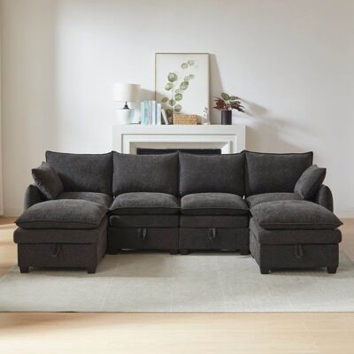 LEMONBEST Canapé dangle en U avec espace de rangement 281 x 147 x 89 cm Canapé modulable 6 places avec deux poufs et coussins Chenille Gris Gris - Publicité LEMONBEST Canapé dangle en U avec espace de rangement 281 x 147 x 89 cm Canapé modulable 6 places avec deux poufs et coussins Chenille Gris Gris - Publicité
