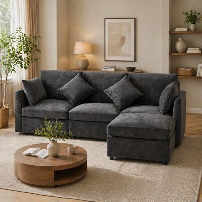 LEMONBEST Canapé dangle en L avec pouf amovible et 4 coussins Canapé 4 places Design modulable Chenille Gris Gris - Publicité LEMONBEST Canapé dangle en L avec pouf amovible et 4 coussins Canapé 4 places Design modulable Chenille Gris Gris - Publicité