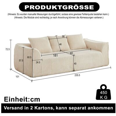 OEM Canapé en velours côtelé - 235 cm - Beige - Velours côtelé - Lignes courbes - Dossier incliné - Deux coussins Beige - Publicité OEM Canapé en velours côtelé - 235 cm - Beige - Velours côtelé - Lignes courbes - Dossier incliné - Deux coussins Beige - Publicité