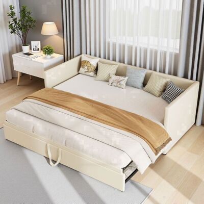 Canapé-lit 2 places convertible extensible 90/180x200cm Velours Beige Structure Bois Robuste FSC Gain de Place Design Moderne Beige - Publicité Canapé-lit 2 places convertible extensible 90/180x200cm Velours Beige Structure Bois Robuste FSC Gain de Place Design Moderne Beige - Publicité