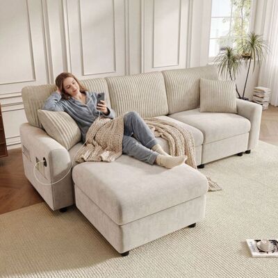 SEYAKANY Canapé dangle 3 places Chenille/velours côtelé en L moderne Multifonctionnelavec 1 repose-pieds2 coussins1port USB/Type-Cbeige Beige - Publicité SEYAKANY Canapé dangle 3 places Chenille/velours côtelé en L moderne Multifonctionnelavec 1 repose-pieds2 coussins1port USB/Type-Cbeige Beige - Publicité