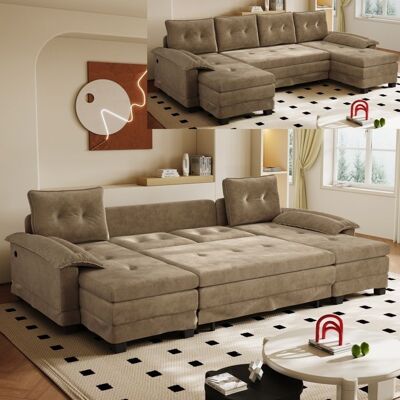 LEYTN Canapé dangle en U Canapé-lit convertible 4 places Canapé modulable en chenille avec accoudoirs port USB - Kaki - Publicité LEYTN Canapé dangle en U Canapé-lit convertible 4 places Canapé modulable en chenille avec accoudoirs port USB - Kaki - Publicité