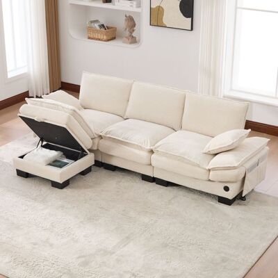 OEM Canapé modulaire 3 places en velours côtelé - Avec pouf - 260x132x84 cm - Beige - Port USB-C intégré - Poches latérales Beige - Publicité OEM Canapé modulaire 3 places en velours côtelé - Avec pouf - 260x132x84 cm - Beige - Port USB-C intégré - Poches latérales Beige - Publicité