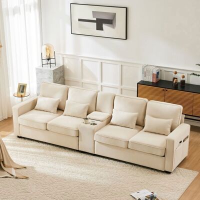 MERAX Canapé 4 Places en Tissu Lin Beige avec Console Centrale – 2 Ports USB 2 Porte-Gobelets Poches Latérales et 4 Coussins Inclus Beige - Publicité MERAX Canapé 4 Places en Tissu Lin Beige avec Console Centrale – 2 Ports USB 2 Porte-Gobelets Poches Latérales et 4 Coussins Inclus Beige - Publicité