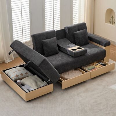 VILUXE Canapé convertible canapé-lit 217x110x90cm - dossier 3 positions - coffre et 2 tiroirs - porte-gobelets - tissu chenille - gris Gris - Publicité VILUXE Canapé convertible canapé-lit 217x110x90cm - dossier 3 positions - coffre et 2 tiroirs - porte-gobelets - tissu chenille - gris Gris - Publicité