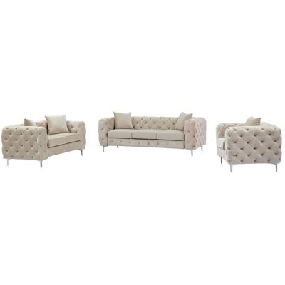VENTE-UNIQUE Canapé 3 places 2 places et fauteuil chesterfield en velours beige EDWINA Beige - Publicité VENTE-UNIQUE Canapé 3 places 2 places et fauteuil chesterfield en velours beige EDWINA Beige - Publicité