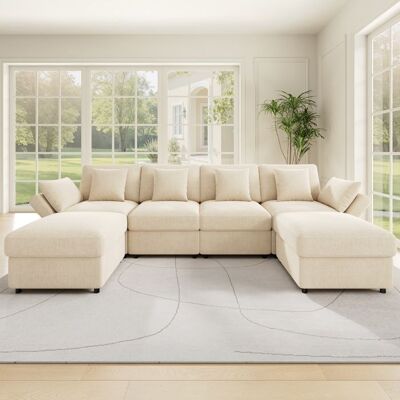 OEM Canapé modulaire convertible - Forme en U/L - Tissu chenille doux - Dimensions 284x156 5x86 cm - 2 poufs inclus Beige - Publicité OEM Canapé modulaire convertible - Forme en U/L - Tissu chenille doux - Dimensions 284x156 5x86 cm - 2 poufs inclus Beige - Publicité