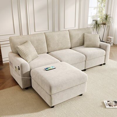 LEYTN Canapé dangle modulable 3 places en L Canapé réversible moderne avec repose-pieds 2 coussins ports USB - beige Beige - Publicité LEYTN Canapé dangle modulable 3 places en L Canapé réversible moderne avec repose-pieds 2 coussins ports USB - beige Beige - Publicité