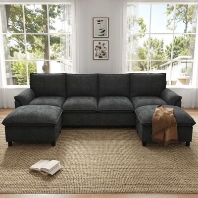 OEM Canapé dAngle Modulaire en U Assise Profonde 2 Repose Pieds Amovibles Mousse Haute Densité Dossier Haut 43cm Chenille Noir Noir - Publicité OEM Canapé dAngle Modulaire en U Assise Profonde 2 Repose Pieds Amovibles Mousse Haute Densité Dossier Haut 43cm Chenille Noir Noir - Publicité