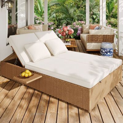 SPKSW Transat double - Canapé convertible rotin pliable - 2 places - Imperméable - Coussins inclus Blanc - Publicité SPKSW Transat double - Canapé convertible rotin pliable - 2 places - Imperméable - Coussins inclus Blanc - Publicité