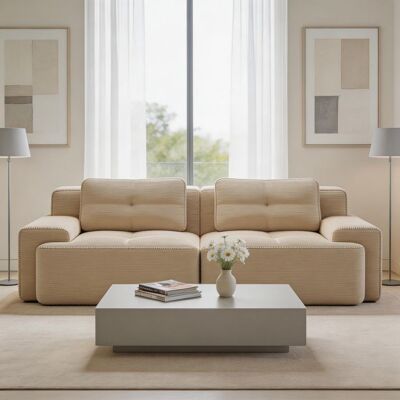 PAGE LIVING Canapé modulaire convertible lit - Boneless - Velours côtelé - Assise profonde 74 cm - Mousse Premium 32D Beige - Publicité PAGE LIVING Canapé modulaire convertible lit - Boneless - Velours côtelé - Assise profonde 74 cm - Mousse Premium 32D Beige - Publicité
