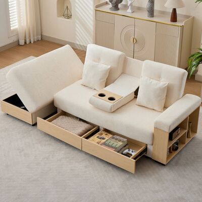 VILUXE Canapé convertible canapé-lit 217x110x90cm - dossier 3 positions - coffre et 2 tiroirs - porte-gobelets - tissu chenille - beige Beige - Publicité VILUXE Canapé convertible canapé-lit 217x110x90cm - dossier 3 positions - coffre et 2 tiroirs - porte-gobelets - tissu chenille - beige Beige - Publicité