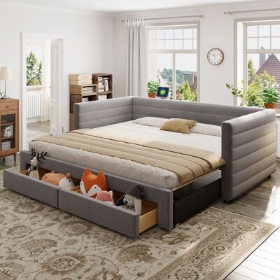 OEM Lit rembourré multifonction - Canapé-lit extensible - 90 x 190 cm - 180 x 190 cm - Gris - Coton et lin Gris - Publicité OEM Lit rembourré multifonction - Canapé-lit extensible - 90 x 190 cm - 180 x 190 cm - Gris - Coton et lin Gris - Publicité