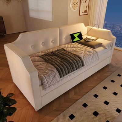 Canapé-lit rembourré 90 x 200 cm - LANGTU - Modèle 90x200 - Velours beige - 2 tiroirs - USB Type-C & lampe de lecture Beige - Publicité Canapé-lit rembourré 90 x 200 cm - LANGTU - Modèle 90x200 - Velours beige - 2 tiroirs - USB Type-C & lampe de lecture Beige - Publicité
