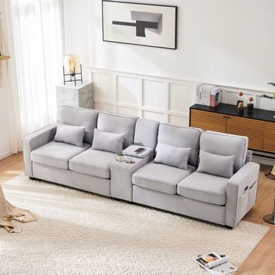 MERAX Canapé 4 Places en Tissu Lin Gris Clair avec Console Centrale – 2 Ports USB 2 Porte-Gobelets Poches Latérales et 4 Coussins Gris - Publicité MERAX Canapé 4 Places en Tissu Lin Gris Clair avec Console Centrale – 2 Ports USB 2 Porte-Gobelets Poches Latérales et 4 Coussins Gris - Publicité