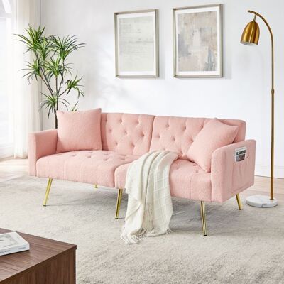 MAISENTIEL Canapé convertible 2 places en tissu Teddy rose dossier 3 positions pieds métalliques dorés 2 coussins inclus Rose - Publicité MAISENTIEL Canapé convertible 2 places en tissu Teddy rose dossier 3 positions pieds métalliques dorés 2 coussins inclus Rose - Publicité