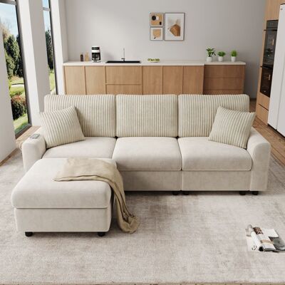 VILUXE Canapé moderne 4 places 223×146×84 cm chenille et velours côtelé avec pouf et 2 coussins ports USB et USB-C Beige Beige - Publicité VILUXE Canapé moderne 4 places 223×146×84 cm chenille et velours côtelé avec pouf et 2 coussins ports USB et USB-C Beige Beige - Publicité