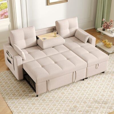 VEPSSDER Canapé dangle convertible en L Canapé-lit Canapé réversible 3 places en lin avec coffre de rangements porte-gobelets - beige Beige - Publicité VEPSSDER Canapé dangle convertible en L Canapé-lit Canapé réversible 3 places en lin avec coffre de rangements porte-gobelets - beige Beige - Publicité