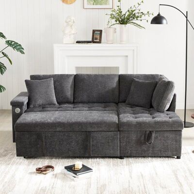 LEYTN Canapé dangle convertible 3 places-Canapé-lit avec fonction couchage-rangement-USB port-accoudoir-Chenille-Gris foncé-209x130x84cm - Publicité LEYTN Canapé dangle convertible 3 places-Canapé-lit avec fonction couchage-rangement-USB port-accoudoir-Chenille-Gris foncé-209x130x84cm - Publicité