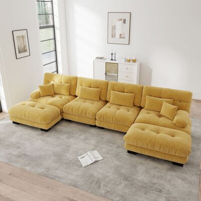 LEMLIT Canapé dangle modulable 4 places canapé panoramique U ou L assise profonde avec 2 poufs mobiles pour salon - chenille - jaune Jaune - Publicité LEMLIT Canapé dangle modulable 4 places canapé panoramique U ou L assise profonde avec 2 poufs mobiles pour salon - chenille - jaune Jaune - Publicité