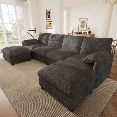 VILUXE Canapé d’angle modulable 6 places 2735 x 133 x 81 cm avec 2 poufs coffre USB type-C chenille gris Gris - Publicité VILUXE Canapé d’angle modulable 6 places 2735 x 133 x 81 cm avec 2 poufs coffre USB type-C chenille gris Gris - Publicité