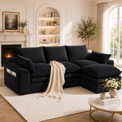 OEM Canapé modulaire en velours - 3 places avec pouf - Velours côtelé noir - Dimensions 263x167x85 cm Noir - Publicité OEM Canapé modulaire en velours - 3 places avec pouf - Velours côtelé noir - Dimensions 263x167x85 cm Noir - Publicité