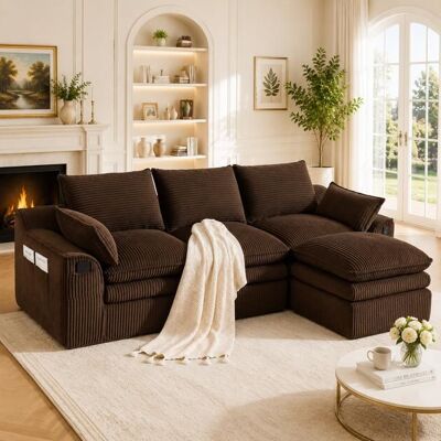 OEM Canapé modulaire en velours - 3 places avec pouf - Velours côtelé marron - Dimensions 263x167x85 cm Marron - Publicité OEM Canapé modulaire en velours - 3 places avec pouf - Velours côtelé marron - Dimensions 263x167x85 cm Marron - Publicité