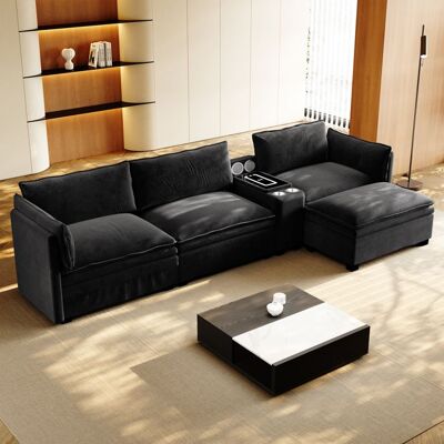 LEMLIT Canapé dAngle Modulaire en L 315 cm - Rangement Ottoman Charge Sans Fil Haut-Parleurs - pour Salon Bureau - Tissu Chenille - Noir Noir - Publicité LEMLIT Canapé dAngle Modulaire en L 315 cm - Rangement Ottoman Charge Sans Fil Haut-Parleurs - pour Salon Bureau - Tissu Chenille - Noir Noir - Publicité