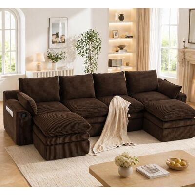OEM Canapé modulaire en velours - 4 places avec 2 poufs - Velours côtelé marron - Dimensions 335x167x85 cm Marron - Publicité OEM Canapé modulaire en velours - 4 places avec 2 poufs - Velours côtelé marron - Dimensions 335x167x85 cm Marron - Publicité