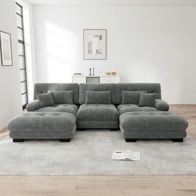 Canapé dangle modulable - LANGTU - Canapé en U convertible 3 places - velours vintage gris chenille - pouf assorti Gris - Publicité Canapé dangle modulable - LANGTU - Canapé en U convertible 3 places - velours vintage gris chenille - pouf assorti Gris - Publicité