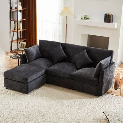 VEPSSDER Canapé dangle en L convertible en canapé 3 places design modulable avec pouf amovible et 4 coussins en chenille gris foncé Gris - Publicité VEPSSDER Canapé dangle en L convertible en canapé 3 places design modulable avec pouf amovible et 4 coussins en chenille gris foncé Gris - Publicité