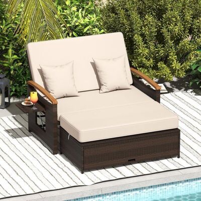 Canapé de Jardin en Rotin PE COSTWAY avec Ottoman de Rangement 2 Places Plateau Pliante Dossier Réglable Coussin Amovible Beige Beige - Publicité Canapé de Jardin en Rotin PE COSTWAY avec Ottoman de Rangement 2 Places Plateau Pliante Dossier Réglable Coussin Amovible Beige Beige - Publicité